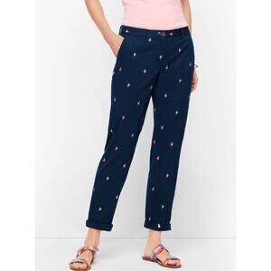 Talbots Womens 2 Blue Pink Embroidered Flamingo Relaxed Chino Casual Pants